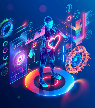 AI doctor. Medicine of future. Medical report about health patient on 3d screen with medical interface, data of analysis. Telemedicine. Computer scan of man. artificial intelligence diagnoses diseases